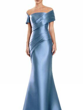 Off-Shoulder Satin Evening Gown in Dusty Blue